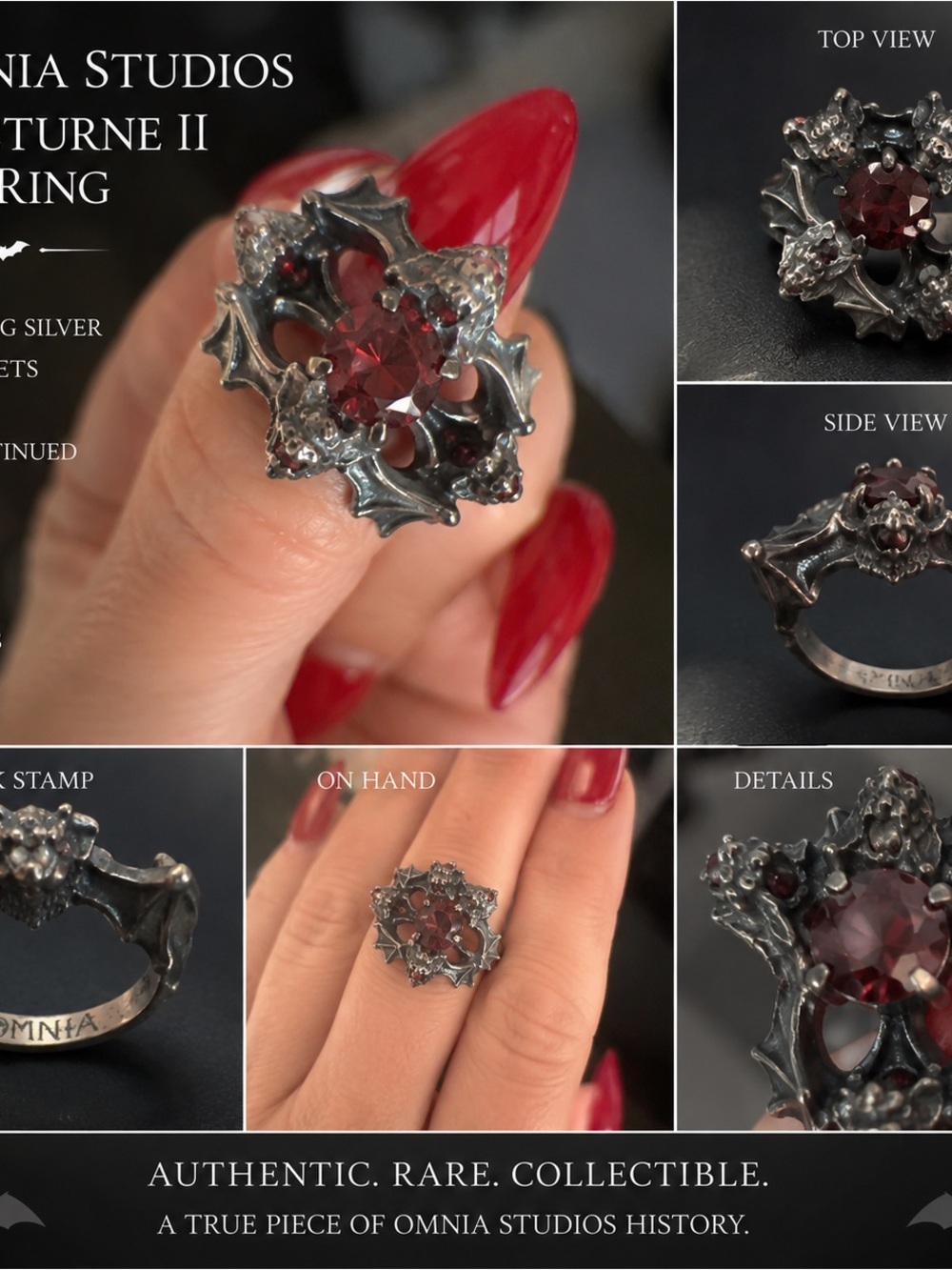 Omnia Studios Red Garnet Floral Silver Statement Ring